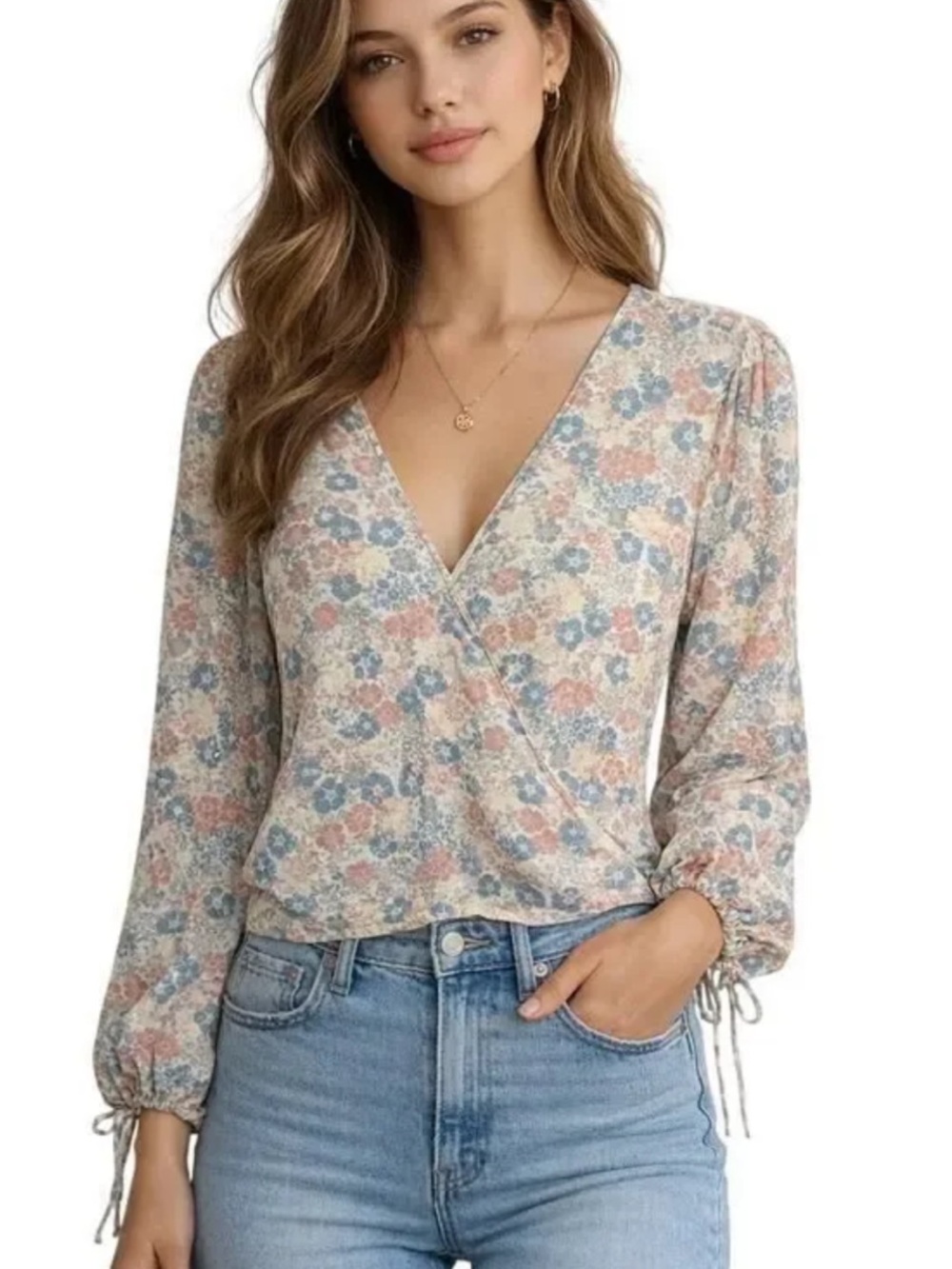 bobi Black Floral Faux Wrap Blouse in Pink & Blue Size Small NWT New